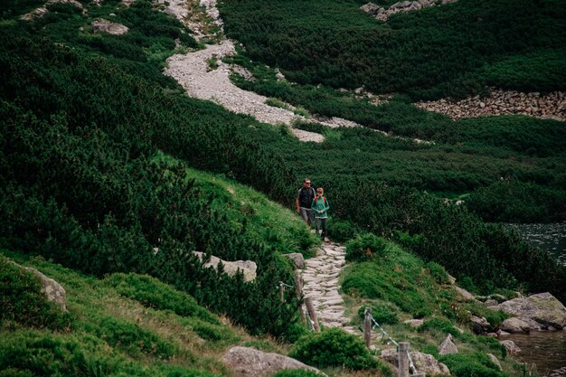 Increíbles montañas rocosas con nubes y lago en verano para viajar