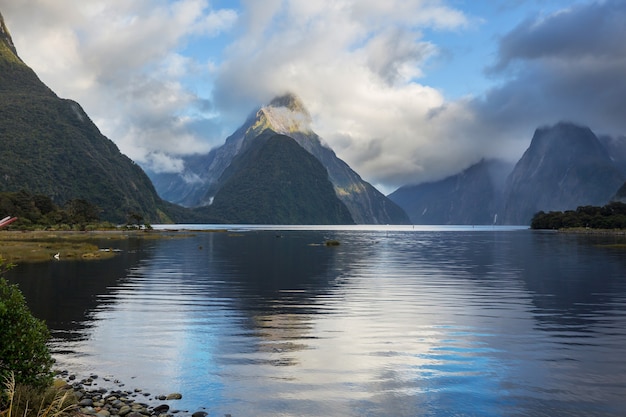 Increíbles paisajes naturales en Milford Sound, el Parque Nacional Fiordland, Nueva Zelanda