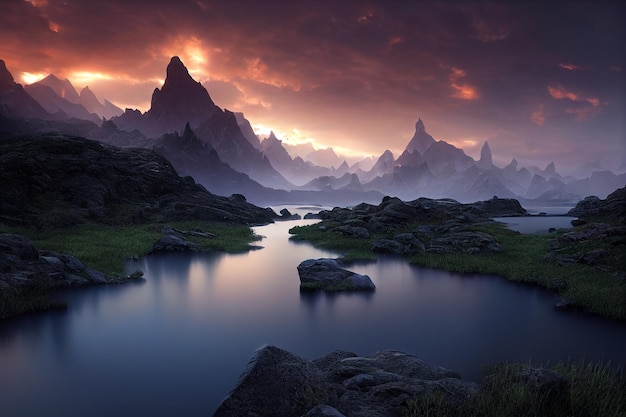 Increíbles vistas de los paisajes de la montaña con la hora dorada en la mañana del amanecer Ilustración 2D