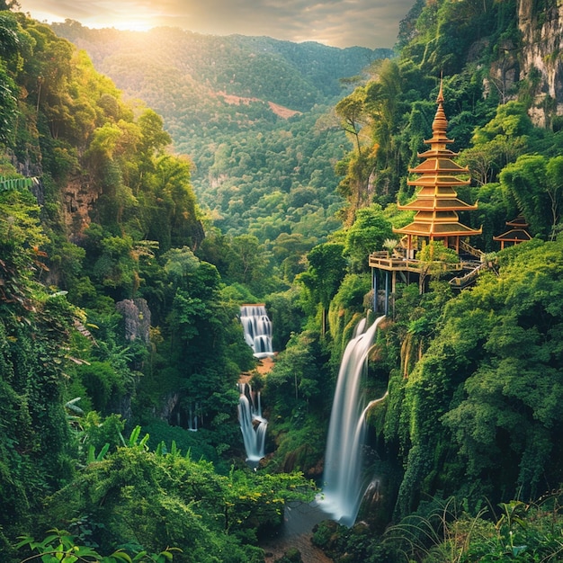 Incríveis e belas cachoeiras de pagode em floresta profunda em Phlio Waterfall em