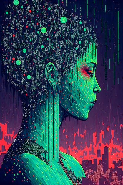 Incrível arte abstrata pop e ilustração de retrato de garota cyberpunk