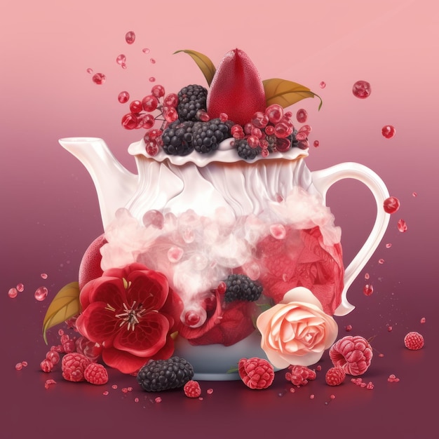 Incrível bule de chá de conto de fadas com bagas e flores