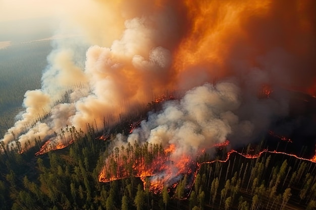 Incrível calamidade ecológica representada por um extenso incêndio florestal violento Generative AI