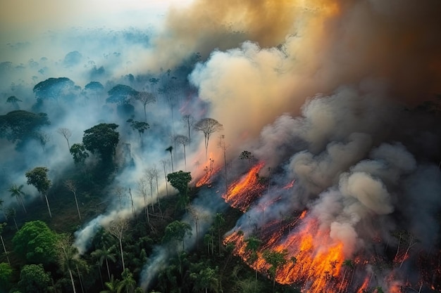 Incrível calamidade ecológica representada por um extenso incêndio florestal violento Generative AI