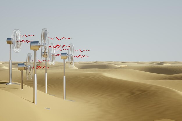 Incrível calor ar refrigerando ar condicionado metáfora seca O ventilador fica nas areias do deserto céu azul 3D render ilustração 3D