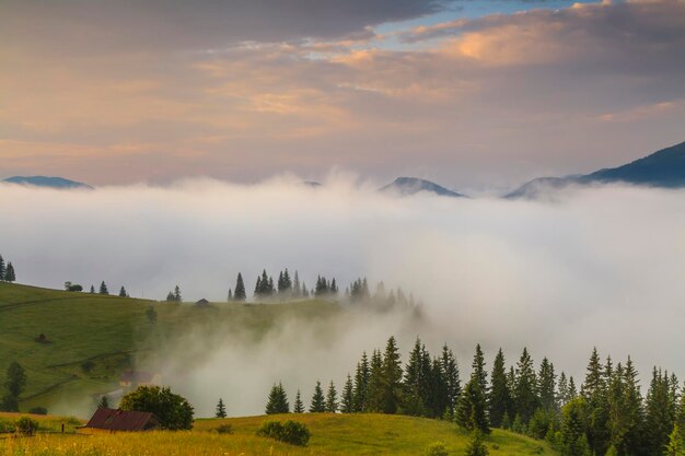 Incrível céu do amanhecer sobre as montanhas enevoadas