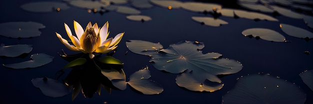 Incrível flor de lótus branco ou nenúfar na superfície da água escura no espaço da lagoa de lótus para texto