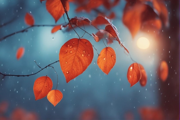 Incrível fundo de outono com folhas vermelhas de outono laranja sobre um fundo azul com gotas de chuva