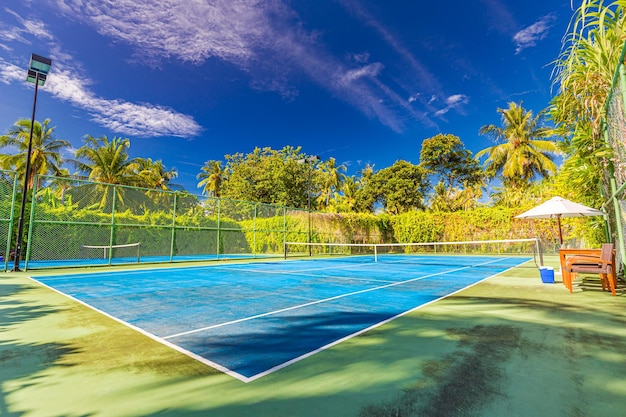 Incrível fundo recreativo de resort esportivo como quadra de tênis azul na paisagem tropical, palmeiras