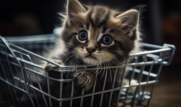 Incrível gatinho fofo sentado em um carrinho de compras Retrato de gato cinza e branco de perto Generative AI