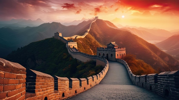 Incrível Grande Muralha da China ao pôr do sol Generative Aix9