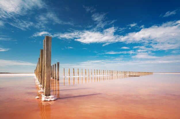 Incrível lago de sal de cor rosa real e céu azul profundo Ucrânia Europa Tamanho grande