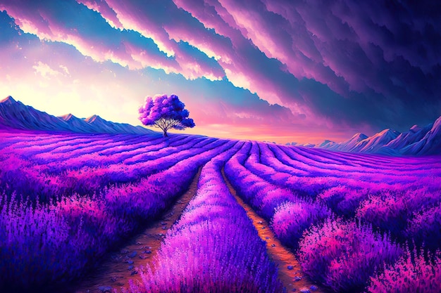 Incrível lindo céu roxo sobre campo de lavanda florescente