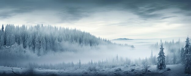 Incrível místico nevoeiro ascendente céu floresta neve árvores nevadas paisagem paisagem de neve na floresta preta