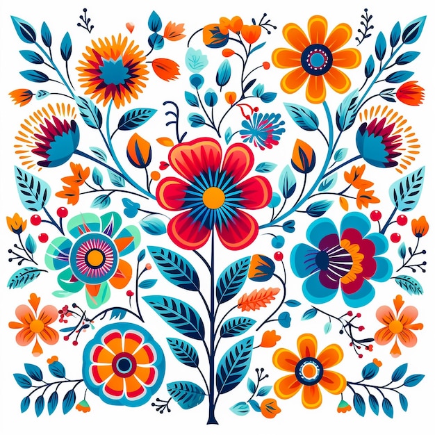 Incrível padrão floral perfeito com flores e folhas coloridas brilhantes sobre um fundo azul escuro