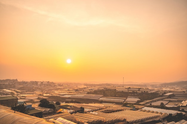 Incrível paisagem por do sol no vale da estufa agrícola na cidade de Da Lat A luz da estufa para cultivar flores em Da Lat Travel e conceito de paisagem