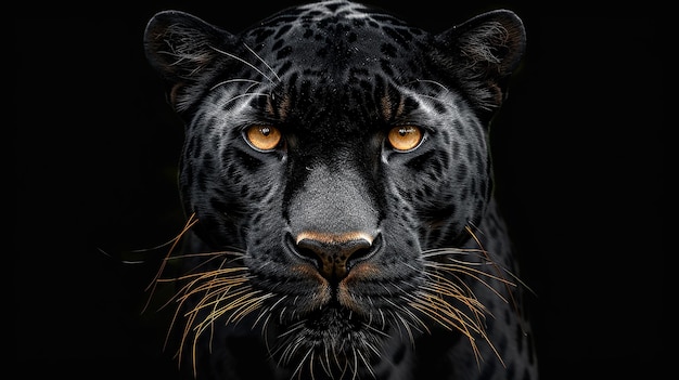 Incrível pantera negra com olhos amarelos olhando para a frente em fundo preto fotografia de vida selvagem