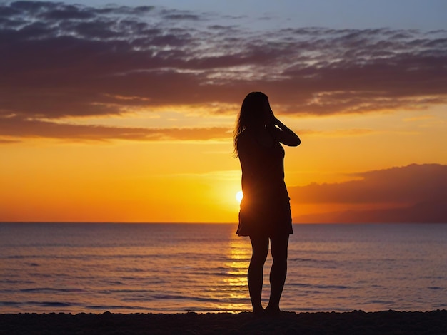 Foto incrível pôr-do-sol em nice silhueta de uma menina de pé e na costa