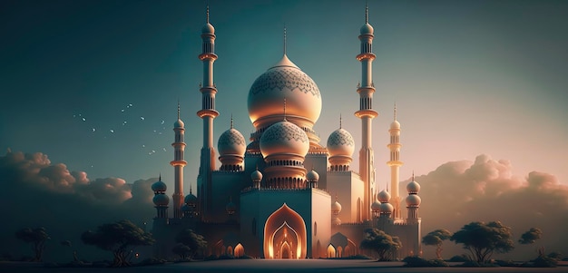 Incrível projeto de arquitetura da mesquita muçulmana Ramadan Generative AI