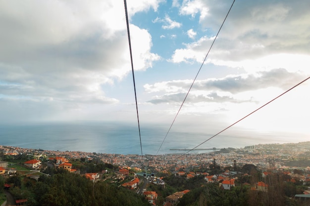 Incrível vista panorâmica da cidade do Funchal do teleférico funicular perto do oceano na ilha da Madeira