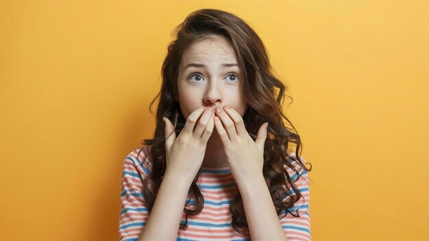 Foto indecisa y ansiosa chica linda mordiendo las uñas y sintiéndose asustada