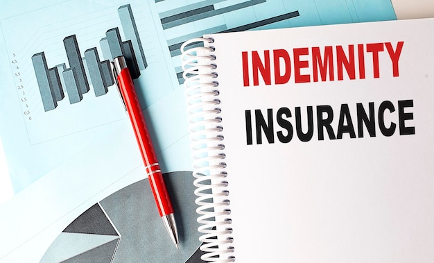 INDEMNITY INSURANCE Text auf Notebook auf dem Hintergrund der Karte