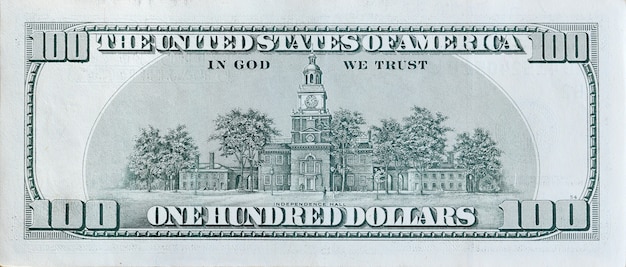 Independence Hall en 100 dólares de billetes de banco parte posterior del primer macro fragmento. Estados Unidos billete de cien dólares