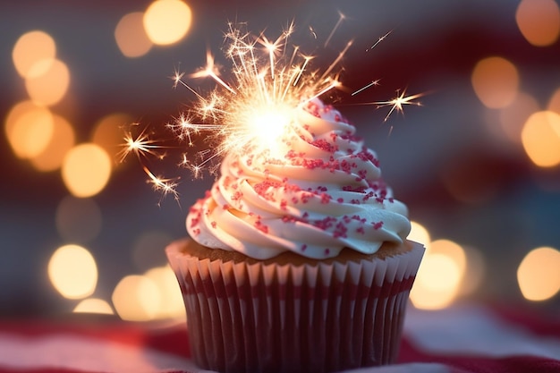 Independência cintilante Um cupcake adornado com um estrelinha ardente ocupa o centro do palco