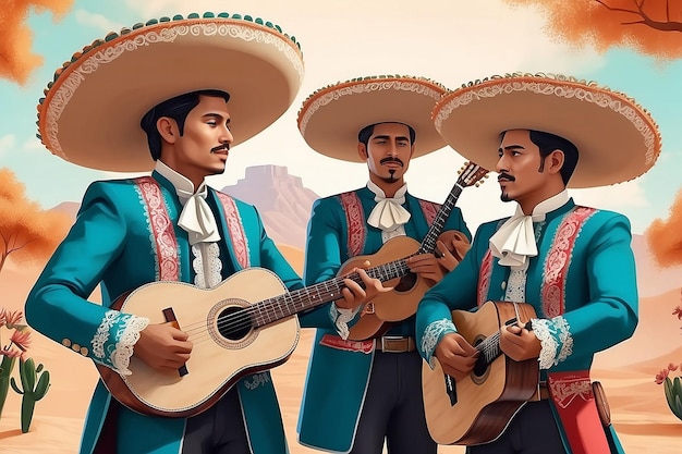 Independencia mexicana Cinco de mayo Hombres mexicanos con ropa tradicional de mariachi tocando la guitarra IA generativa