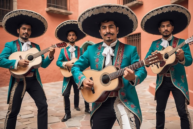 Independencia mexicana Cinco de mayo Hombres mexicanos con ropa tradicional de mariachi tocando la guitarra IA generativa