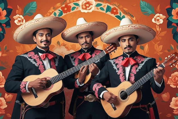 Foto independencia mexicana cinco de mayo hombres mexicanos con ropa tradicional de mariachi tocando la guitarra ia generativa