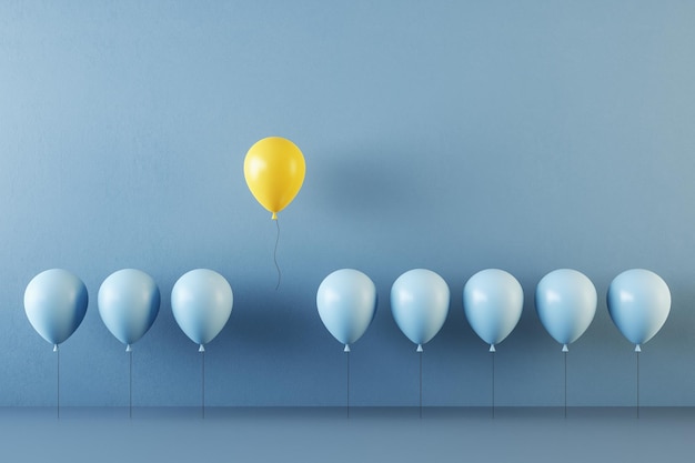 La independencia piensa en un concepto diferente y único con un globo amarillo que se destaca de la multitud de globos azules en 3D