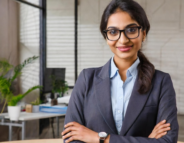India exitosa segura mujer de negocios árabe trabajadora señora jefe con gafas y traje formal mujer