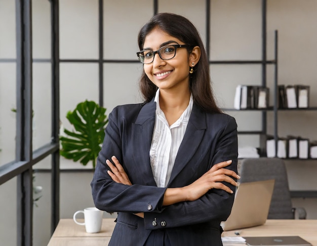 India exitosa segura mujer de negocios árabe trabajadora señora jefe con gafas y traje formal mujer