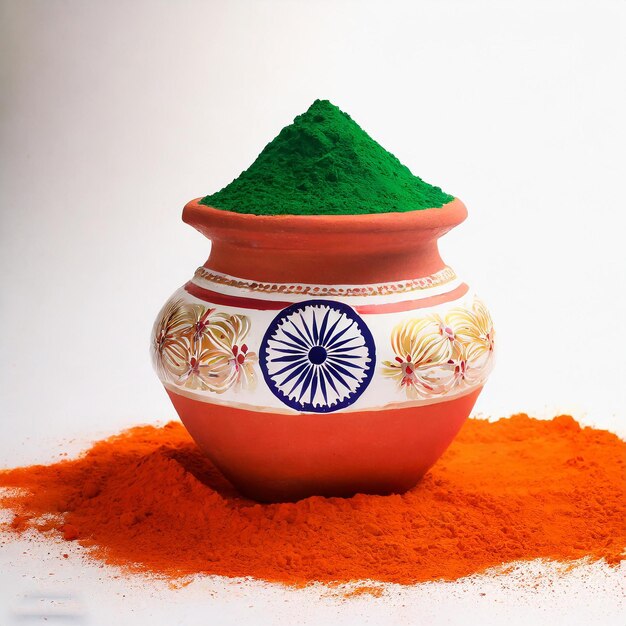 INDIAN FLAG COLOR POT pódio HANDI cor pó em POT HOLI cor vermelha cor laranja cor branca