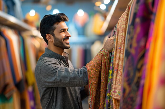 Foto indian man shopping in the indian clothes shop bokeh style background