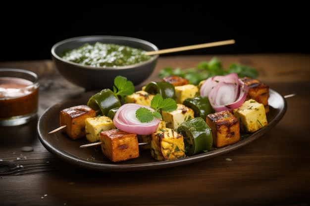 Indian Paneer tikka ou queijo cottage grelhado e servido com chutney