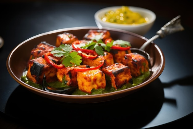 Indian Paneer tikka ou queijo cottage grelhado e servido com chutney