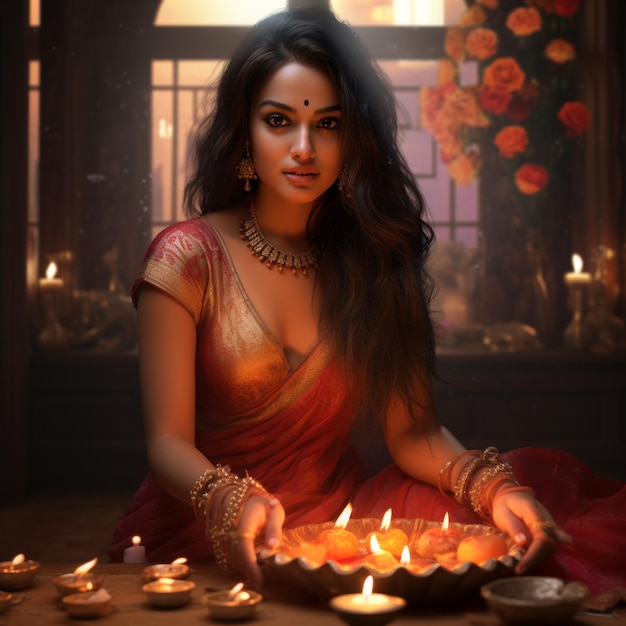 Indianas celebram Diwali Mulheres indianas em sari com Diya na mão