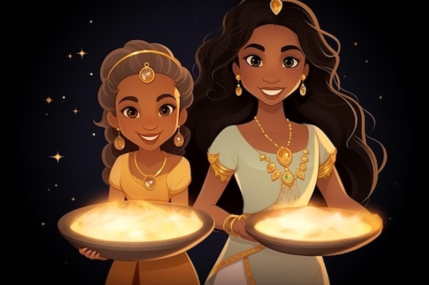 Indianas duas mulheres tradicionais segurando ilustração de lâmpada de Diwali