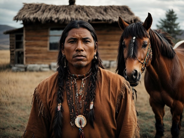 Indianer mit braunem Pferd mit Native American Haus Hintergrund