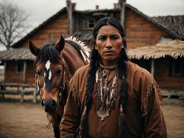 Indianer mit braunem Pferd mit Native American Haus Hintergrund