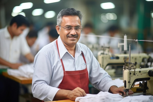 Indiano feliz homem alfaiate de fábrica de roupas olhando para a câmera enquanto trabalha