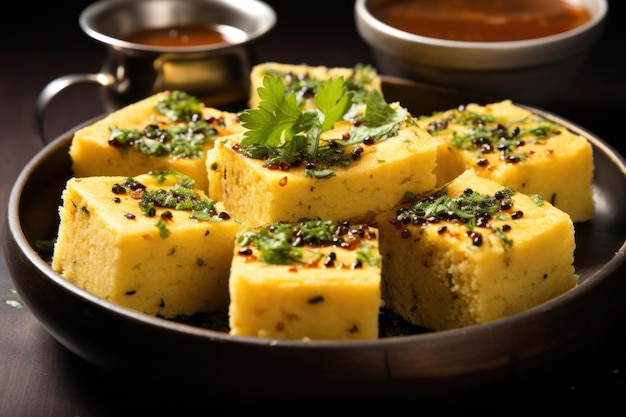 Indiano Khaman Dhokla servido em prato com chutney