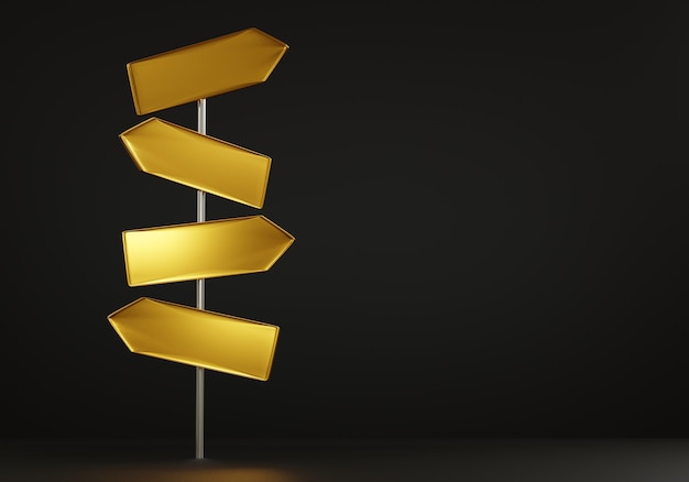 Indicaciones de signo de oro señales de tráfico en blanco cuatro flechas que apuntan a diferentes opciones de direcciones sobre fondo negro, icono de tráfico de señales de calle y carretera, ilustración de renderizado 3D