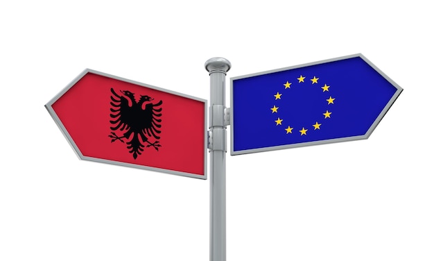 Indicador de Albania y la Unión Europea Moviéndose en diferentes direcciones Representación 3D