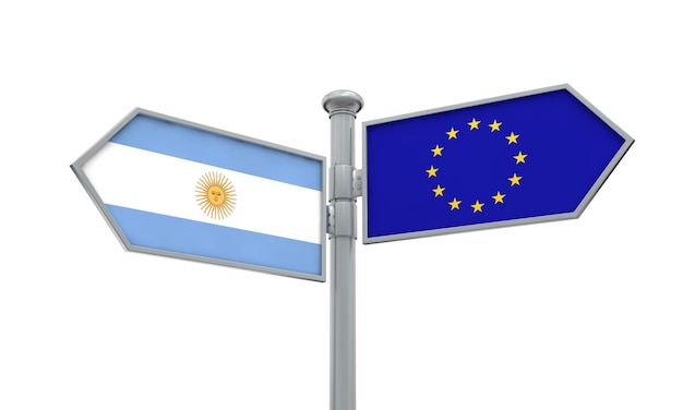 Indicador de Argentina y la Unión Europea Moviéndose en diferentes direcciones Representación 3D