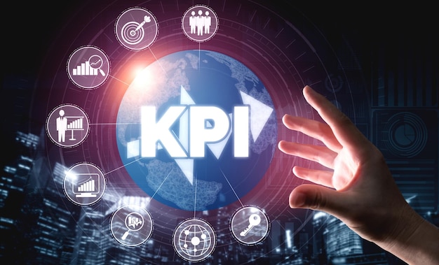 Indicador clave de rendimiento de KPI para el concepto empresarial: interfaz gráfica moderna que muestra símbolos de evaluación de objetivos de trabajo y números analíticos para la gestión de KPI de marketing.