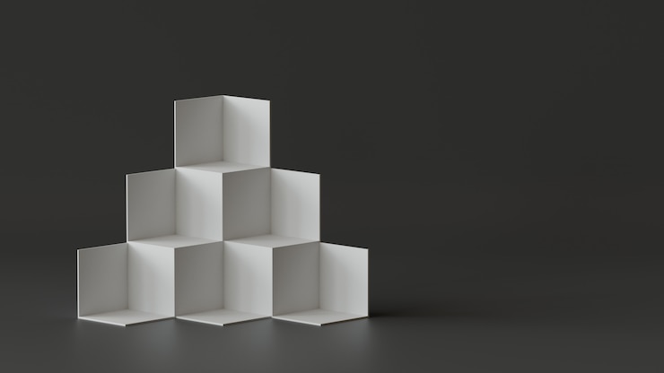 Foto indicador do contexto das caixas do cubo no fundo da parede vazia. renderização em 3d.