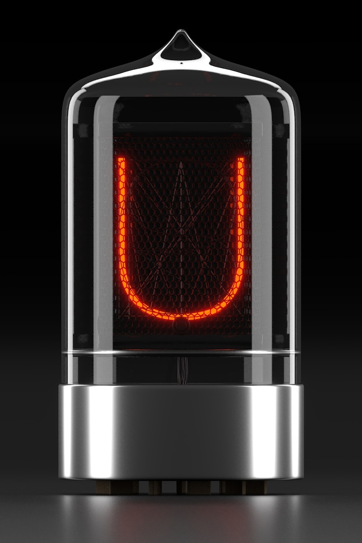 Foto indicador de tubo nixie, indicador de descarga de gas de la lámpara en una superficie oscura. letra "u" de retro. representación 3d.